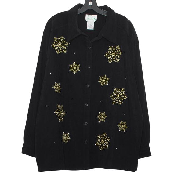 Quacker Factory Top Cottage Grandma Academia Christmas Holiday Button Black 2X - Picture 1 of 7